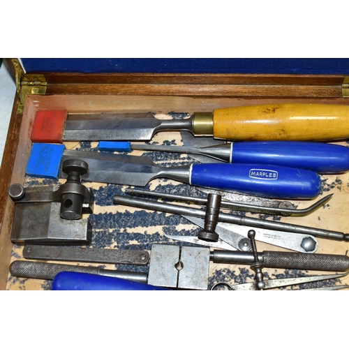 522 - ONE BOX OF TOOLS, comprising Marples equipment, chisels, gauges, blocks, etc