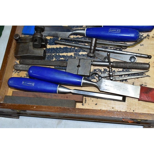 522 - ONE BOX OF TOOLS, comprising Marples equipment, chisels, gauges, blocks, etc