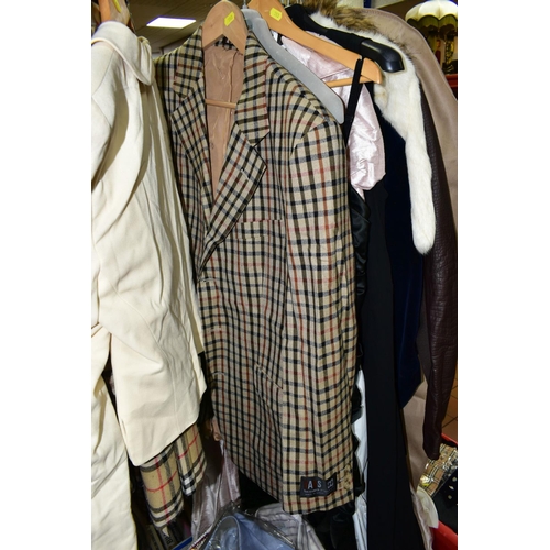 525 - FOUR BOXES, A SUITCASE AND ONE RAIL OF VINTAGE CLOTHING, to include  a gentleman's Daks check jacket... 