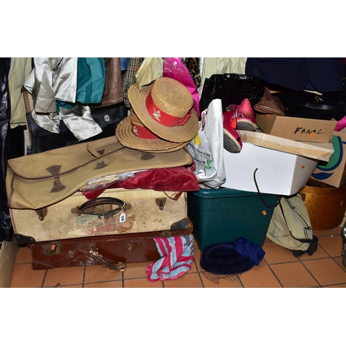 526 - FIVE BOXES, TWO SUITCASES AND ONE RAIL OF VINTAGE CLOTHING, comprising approximately forty items of ... 