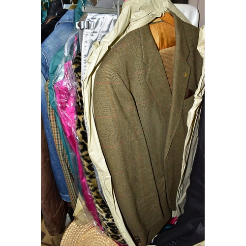 526 - FIVE BOXES, TWO SUITCASES AND ONE RAIL OF VINTAGE CLOTHING, comprising approximately forty items of ... 