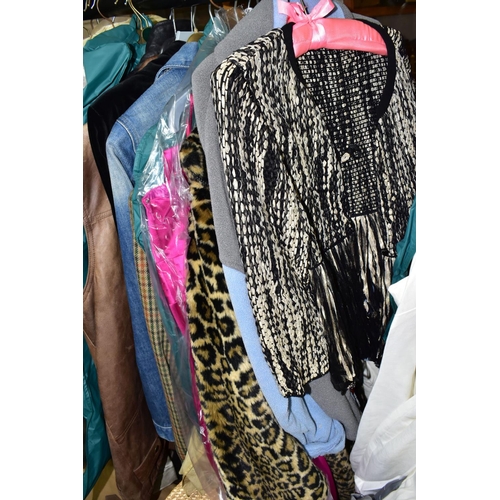 526 - FIVE BOXES, TWO SUITCASES AND ONE RAIL OF VINTAGE CLOTHING, comprising approximately forty items of ... 