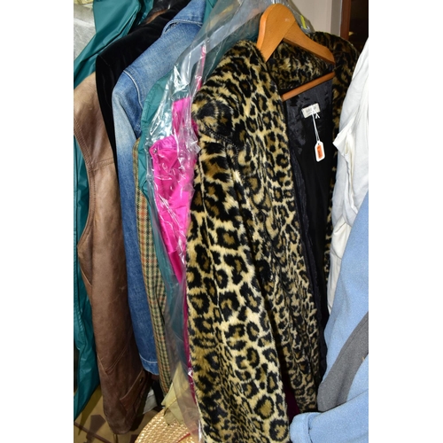 526 - FIVE BOXES, TWO SUITCASES AND ONE RAIL OF VINTAGE CLOTHING, comprising approximately forty items of ... 