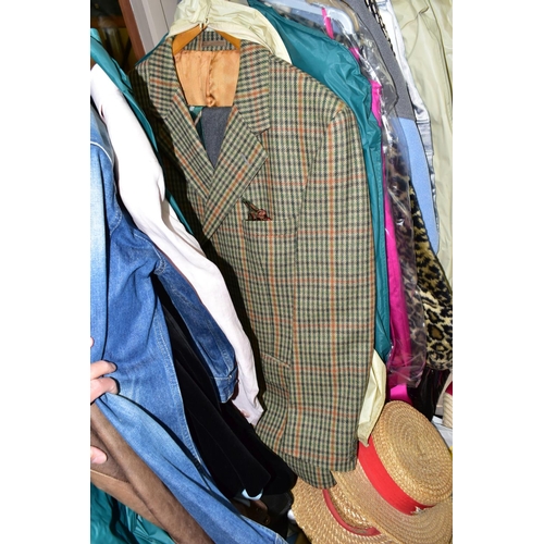 526 - FIVE BOXES, TWO SUITCASES AND ONE RAIL OF VINTAGE CLOTHING, comprising approximately forty items of ... 