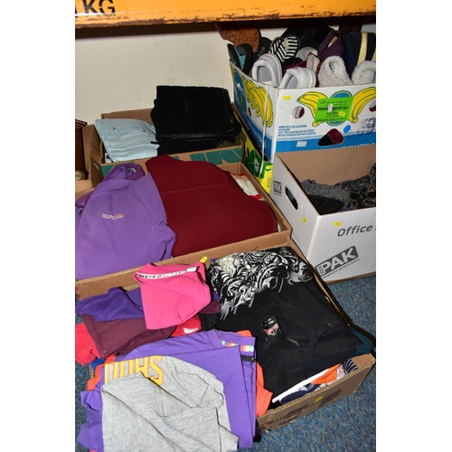 528 - FIVE BOXES AND ONE RAIL OF LADIES CLOTHING, to include jackets, tops and dresses, two Adidas track s... 