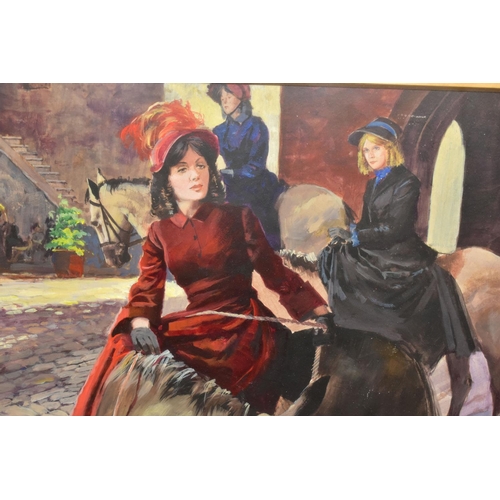 534 - JOHN HELELTINE (BRITISH 1924-2010) AN ILLUSTRATIVE OF THREEE FEMALE FIGURES RIDING HORSES, the figur... 