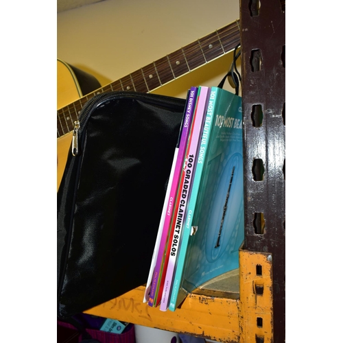 537 - AN ARIA ACOUSTIC GUITAR, MUSIC STAND AND MUSIC BOOKS, the Aria guitar, model number AW-55, with soft... 