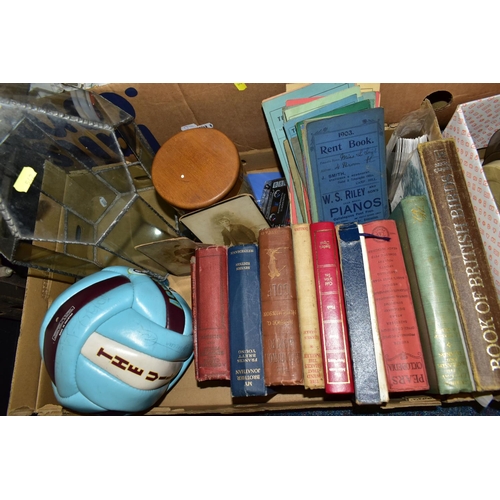 542 - FOUR BOXES OF BOOKS, EPHEMERA, A SIGNED FOOTBALL AND HOUSEHOLD SUNDRIES, to include eleven antiquari... 