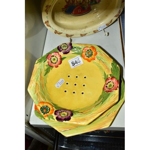 545 - A CARLTON WARE STRAWBERRY DISH AND STAND, together with a Royal Doulton 'Bunnykins' oval dish, decor... 