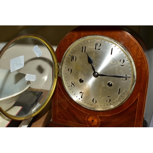 547 - A JUNGHANS MAHOGANY MANTLE CLOCK, runs briefly, chimes ok, with key and pendulum, together with a bo... 