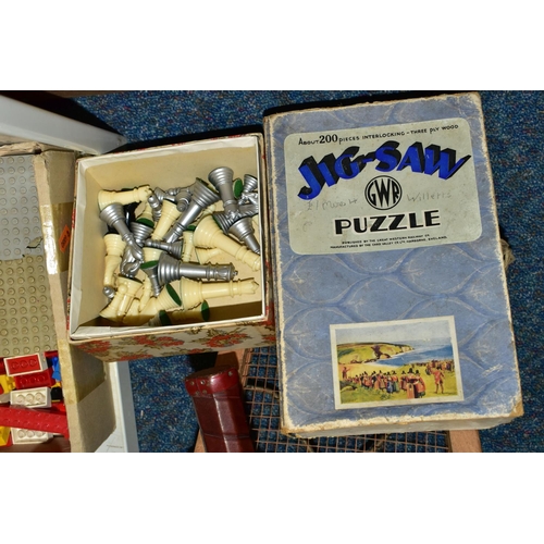 550 - THREE BOXES AND LOOSE TOYS AND GAMES to include a GWR Chad Valley wooden jigsaw puzzle 'The Fishguar... 