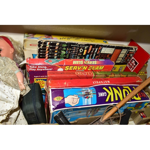 550 - THREE BOXES AND LOOSE TOYS AND GAMES to include a GWR Chad Valley wooden jigsaw puzzle 'The Fishguar... 