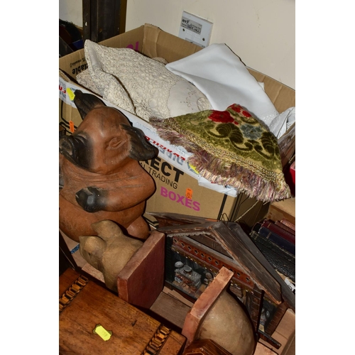 559 - THREE BOXES OF TREEN AND HOUSEHOLD SUNDRIES, to include hand carved wooden pig bookends, a group of ... 