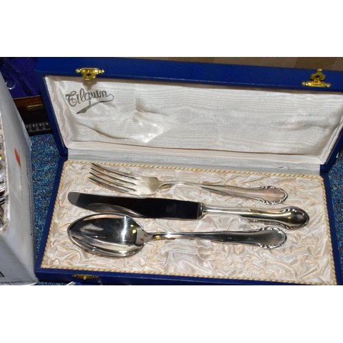 560 - TWO BOXES OF METALWARE AND A CANTEEN OF CUTLERY, to include a wooden canteen of Viners Ltd cutlery R... 