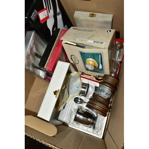 560 - TWO BOXES OF METALWARE AND A CANTEEN OF CUTLERY, to include a wooden canteen of Viners Ltd cutlery R... 