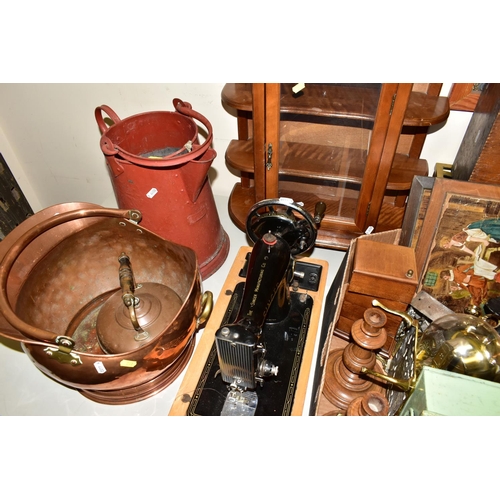 561 - A BOX AND LOOSE METALWARES, TELESCOPE, TREEN, SEWING MACHINE AND SUNDRY ITEMS, to include a homemade... 