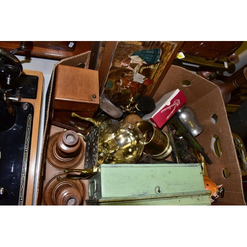 561 - A BOX AND LOOSE METALWARES, TELESCOPE, TREEN, SEWING MACHINE AND SUNDRY ITEMS, to include a homemade... 