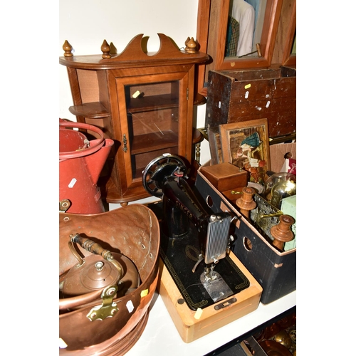 561 - A BOX AND LOOSE METALWARES, TELESCOPE, TREEN, SEWING MACHINE AND SUNDRY ITEMS, to include a homemade... 