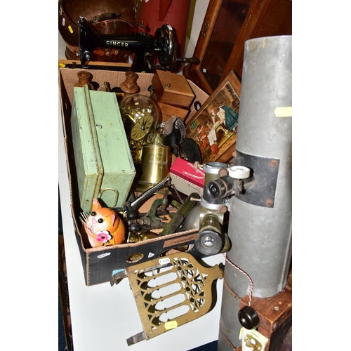 561 - A BOX AND LOOSE METALWARES, TELESCOPE, TREEN, SEWING MACHINE AND SUNDRY ITEMS, to include a homemade... 