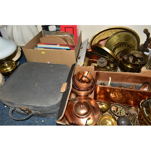 562 - THREE BOXES AND LOOSE METAL WARES, BOOKS, RECORDS, LAMPS AND SUNDRY ITEMS, to include a copper fish ... 