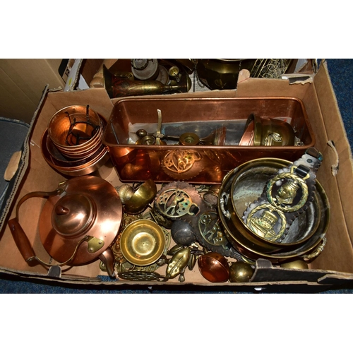 562 - THREE BOXES AND LOOSE METAL WARES, BOOKS, RECORDS, LAMPS AND SUNDRY ITEMS, to include a copper fish ... 