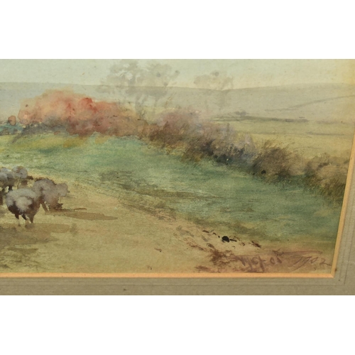 568 - HENRY CHARLES FOX (1855?-1929) THREE SIGNED LANDSCAPE WATERCOLOURS, comprising cattle in a field bes... 