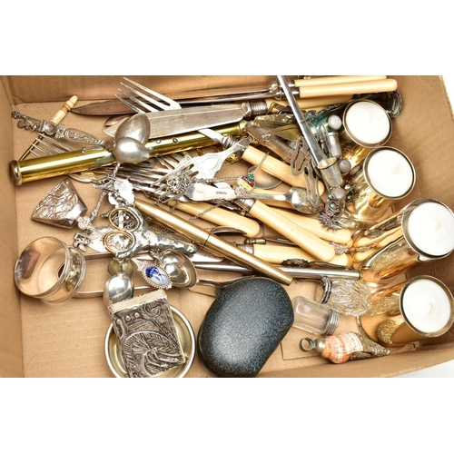 101 - TWO BOXES OF ASSORTED WHITE METAL CUTLERY AND OTHER ITEMS, to include a box of mixed white metal cut... 