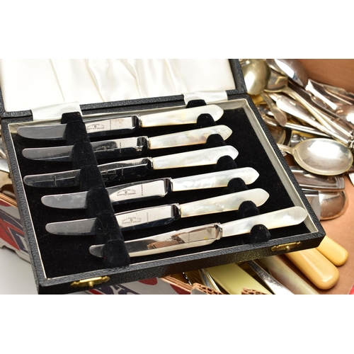 101 - TWO BOXES OF ASSORTED WHITE METAL CUTLERY AND OTHER ITEMS, to include a box of mixed white metal cut... 