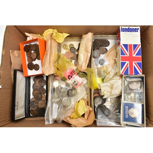 104 - A LARGE BOX OF MAINLY UK COINAGE, to include over 400 grams of mixed silver coinage, a 1573 Elizabet... 