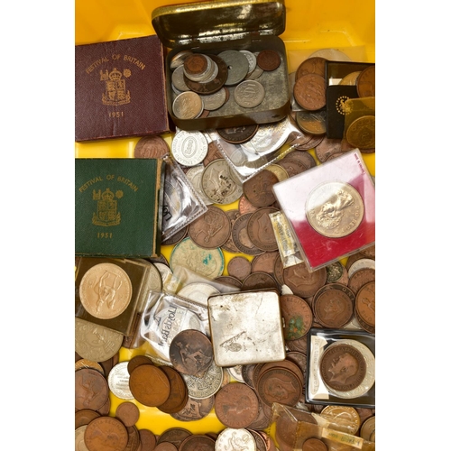 106 - A YELLOW PLASTIC TUB CONTAINING MIXED COINS AND COMMEMORATIVES, to include two Festival of Britain G... 