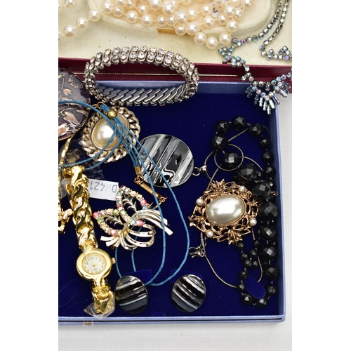 109 - AN ASSORTMENT OF WHITE METAL AND MAINLY COSTUME JEWELLERY, to include a set of oval cut tanzanite an... 