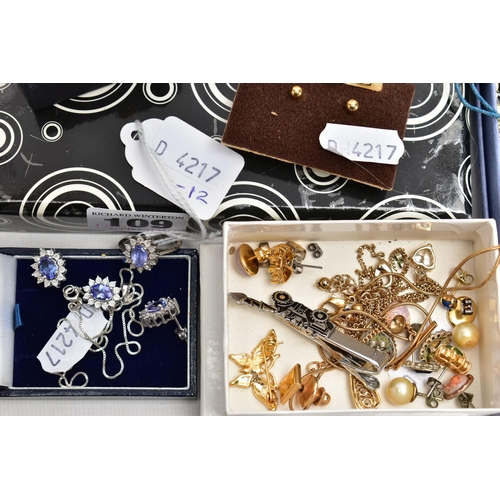 109 - AN ASSORTMENT OF WHITE METAL AND MAINLY COSTUME JEWELLERY, to include a set of oval cut tanzanite an... 