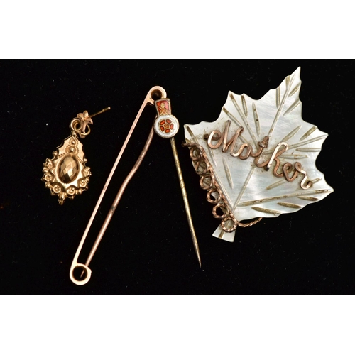 11 - A SELECTION OF 9CT GOLD, SILVER AND YELLOW METAL JEWELLERY, to include a plain bar brooch, stamped '... 