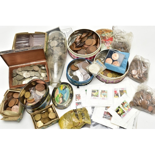 113 - A HEAVY CARDBOARD BOX CONTAINING MAINLY 20th CENTURY COINAGE TO INCLUDE: OVER 900gr of .500 Silver H... 