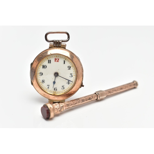 15 - A 9CT GOLD WATCH HEAD AND A PROPELLING PENCIL, the watch featuring a round white dial, Arabic numera... 