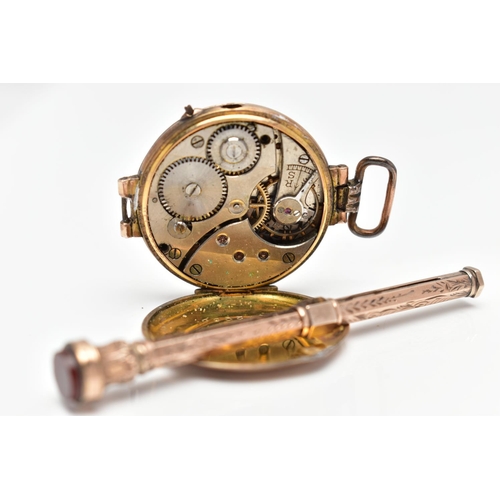 15 - A 9CT GOLD WATCH HEAD AND A PROPELLING PENCIL, the watch featuring a round white dial, Arabic numera... 