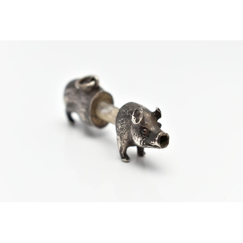 16 - A MINIATURE WHITE METAL NOVELTY PENCIL, in the form of a small pig, integrated pencil holder, fitted... 