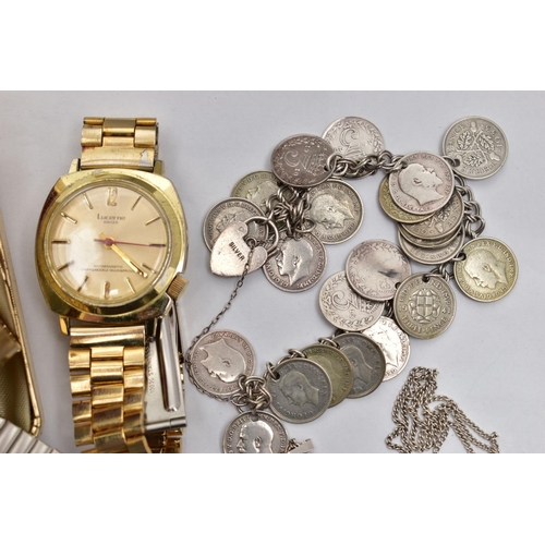 19 - A SELECTION OF STAINLESS STEEL WATCHES, JEWELLERY AND A CHARM BRACELET, the watches with names to in... 