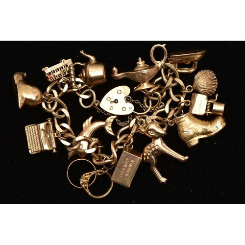 2 - A 9CT GOLD CHARM BRACELET, a flat curb link bracelet, fitted with a heart padlock clasp, hallmarked ... 