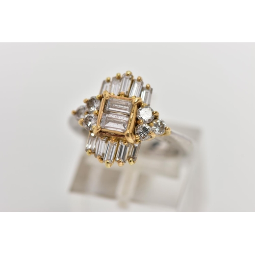 20 - A MODERN DIAMOND CLUSTER RING, set with two principal baguette cut diamonds, graduating baguette cut... 