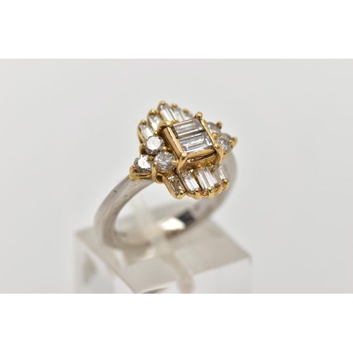 20 - A MODERN DIAMOND CLUSTER RING, set with two principal baguette cut diamonds, graduating baguette cut... 