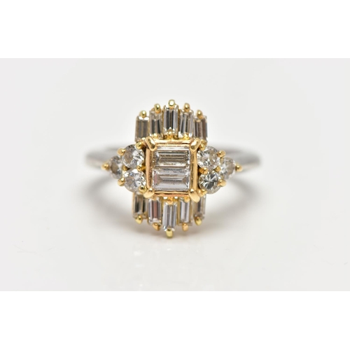 20 - A MODERN DIAMOND CLUSTER RING, set with two principal baguette cut diamonds, graduating baguette cut... 