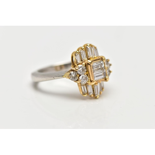 20 - A MODERN DIAMOND CLUSTER RING, set with two principal baguette cut diamonds, graduating baguette cut... 