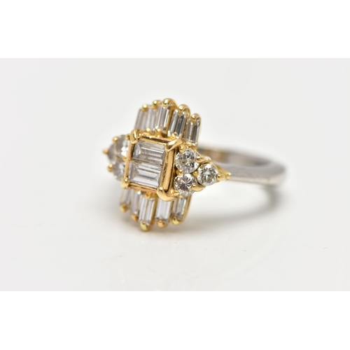 20 - A MODERN DIAMOND CLUSTER RING, set with two principal baguette cut diamonds, graduating baguette cut... 