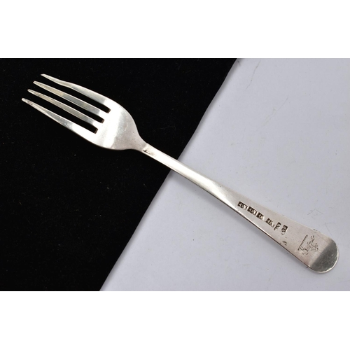 22 - A SINGLE WHITE METAL FORK, Hanoverian polished pattern fork, engraved crest to the reverse of the te... 