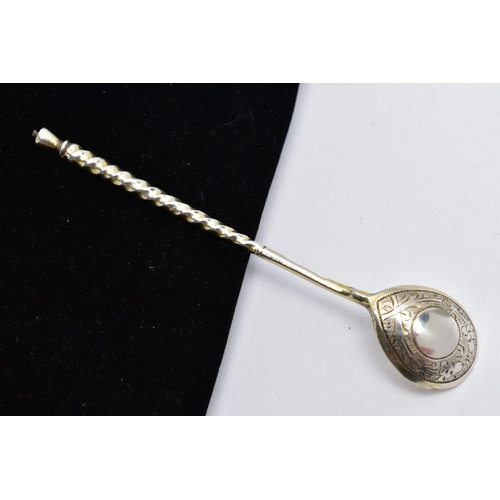 23 - A WHITE METAL CONDIMENT SPOON, twisted handle, engraved floral detail to the reverse of the bowl, st... 