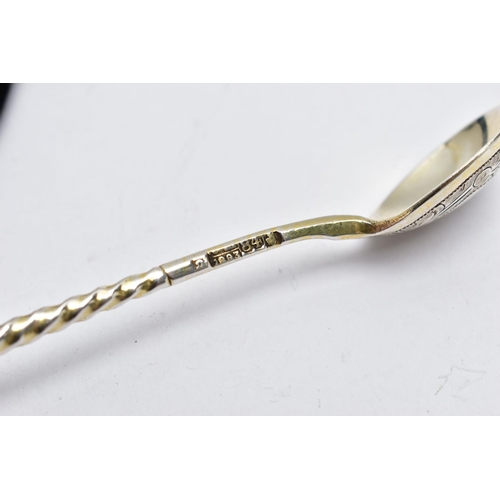 23 - A WHITE METAL CONDIMENT SPOON, twisted handle, engraved floral detail to the reverse of the bowl, st... 