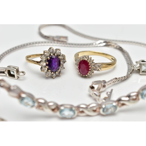 24 - A SELECTION OF JEWELLERY, to include a 9ct gold glass filled ruby and diamond cluster ring, estimate... 