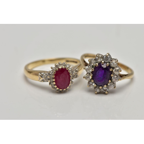 24 - A SELECTION OF JEWELLERY, to include a 9ct gold glass filled ruby and diamond cluster ring, estimate... 