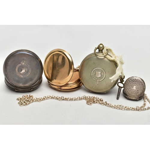 26 - A COLLECTION OF FOUR POCKET WATCHES, to include an open face Simpsons (Brighton) Ltd key wound, whit... 